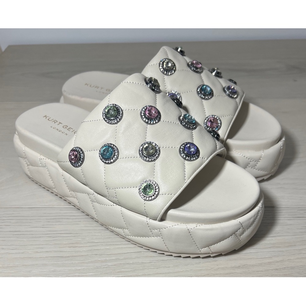 Kurt Geiger Cream Quilted Platform Slide Sandals with Multicolor Gemstones